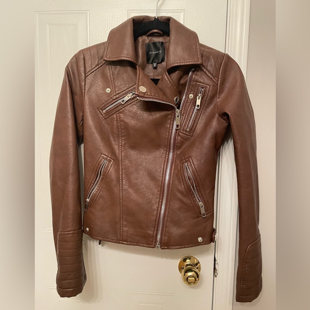 Dynamite faux leather; Moto jacket; Xsmall; Brown